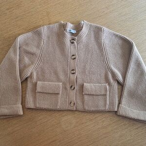 Zara Neutral Ribbed Button-Front Cardigan in Light Beige